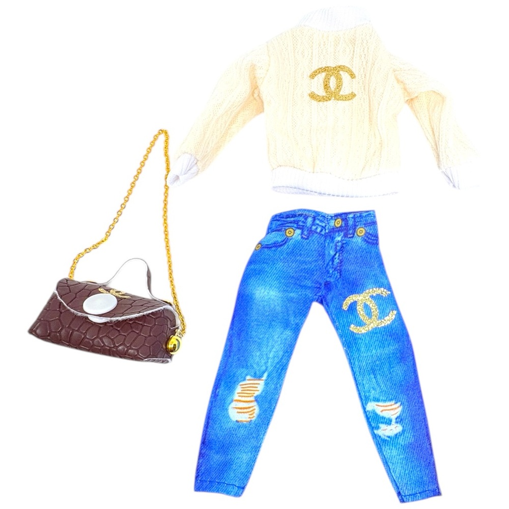 Fashion Doll in Cream Sweater & Blue Jeans with Brown Handbag - Picture 5 of 9